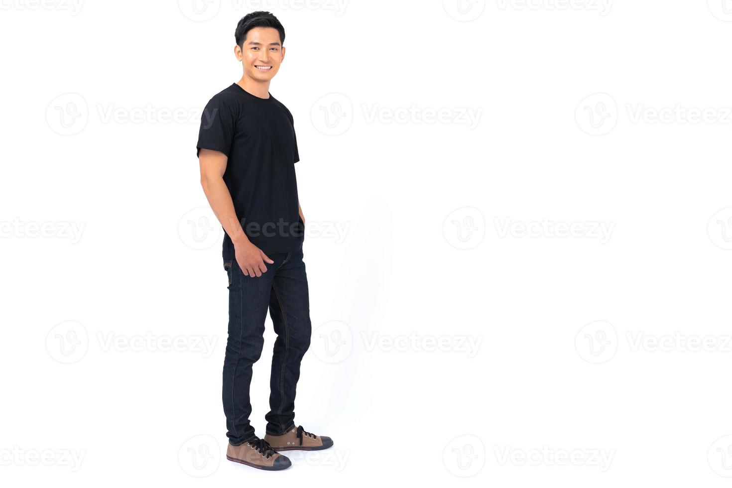 Young man in Black t shirt on white background photo