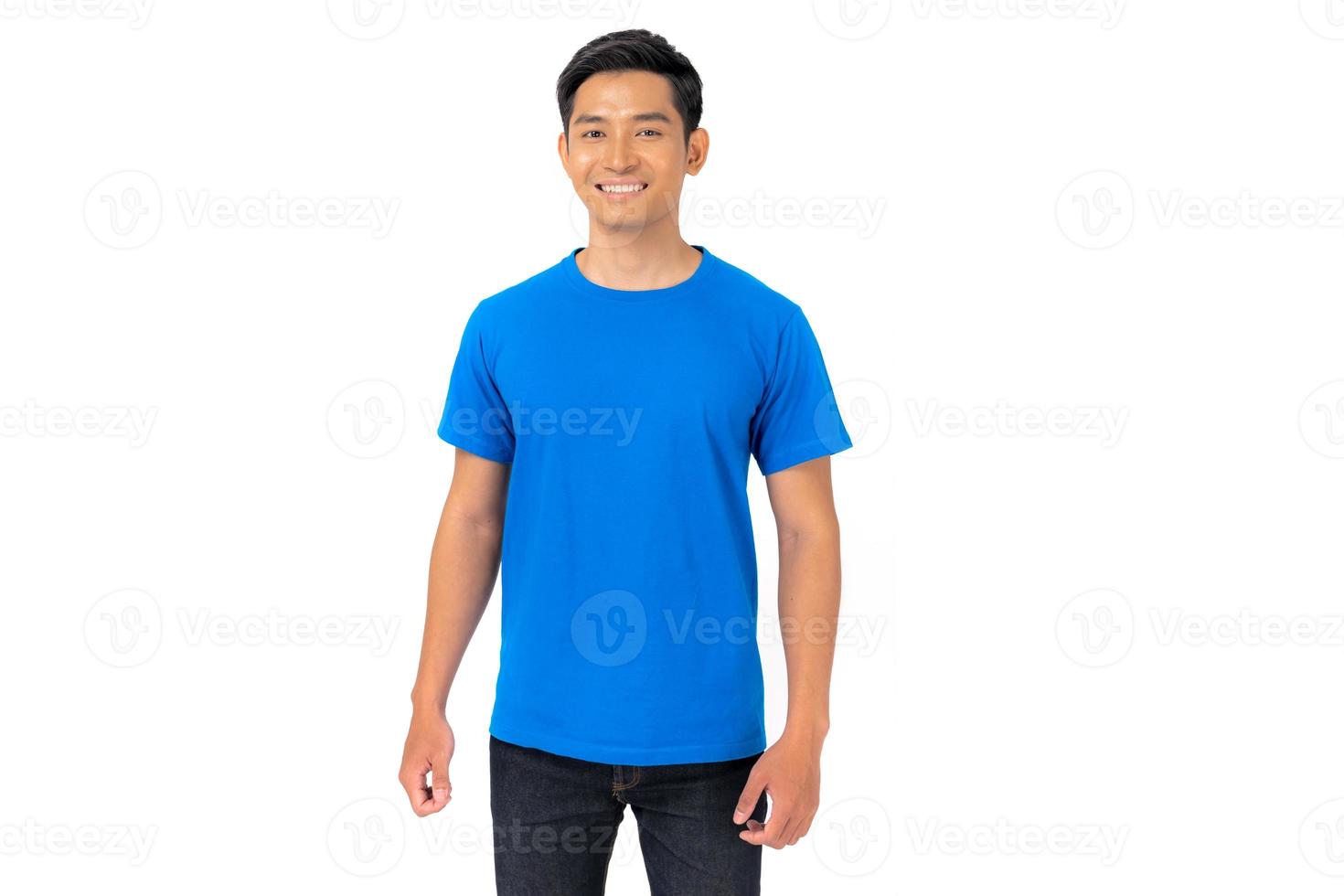 Young man in blue t shirt on white background photo