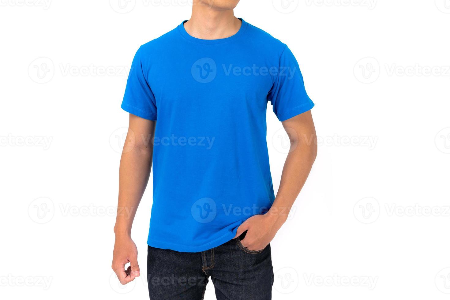 Young man in blue t shirt on white background photo