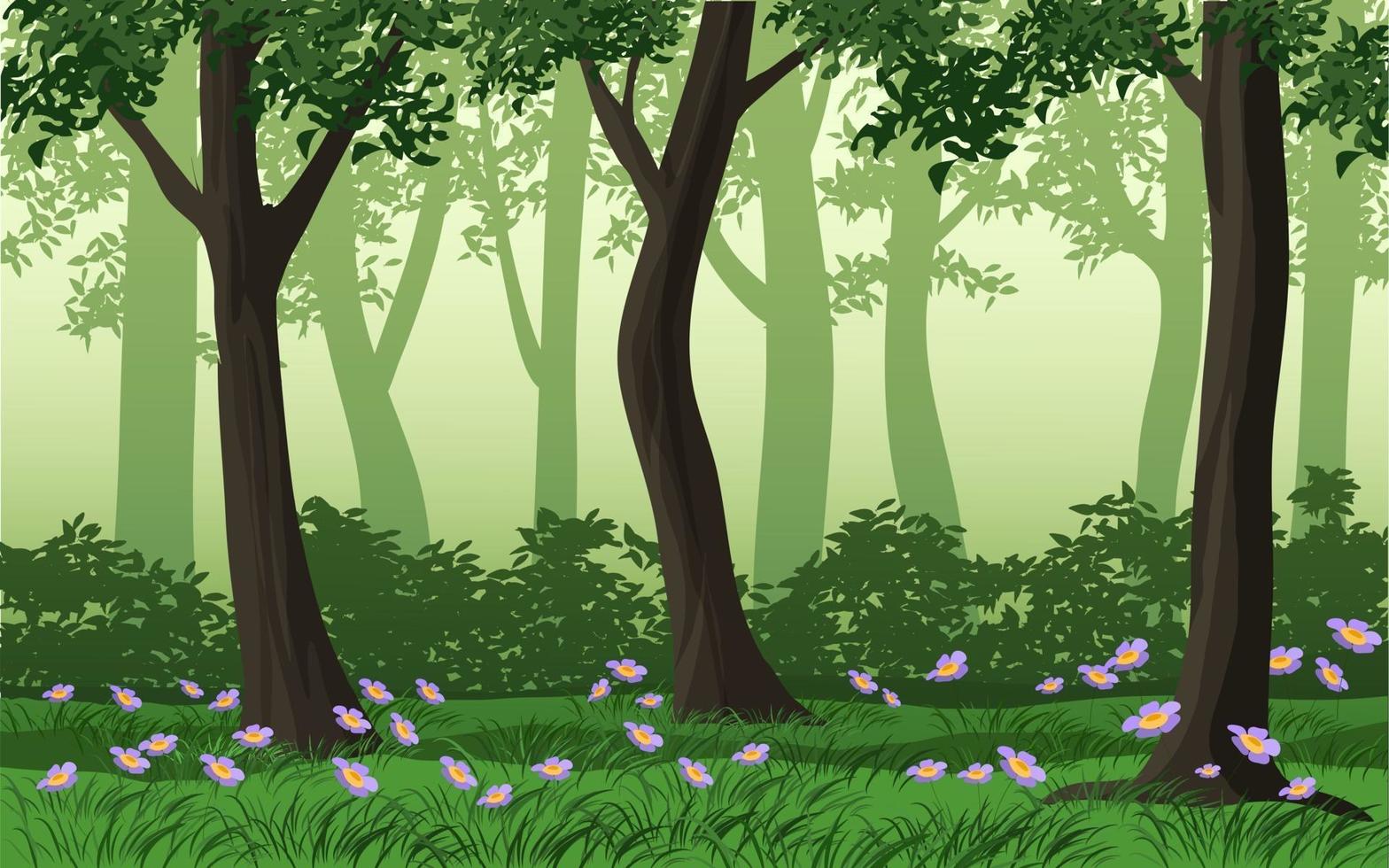 hermosa escena del bosque con flores vector