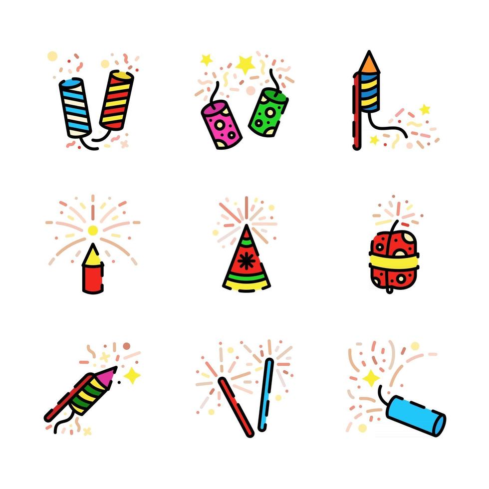 coloridos iconos de fuegos artificiales brillantes vector