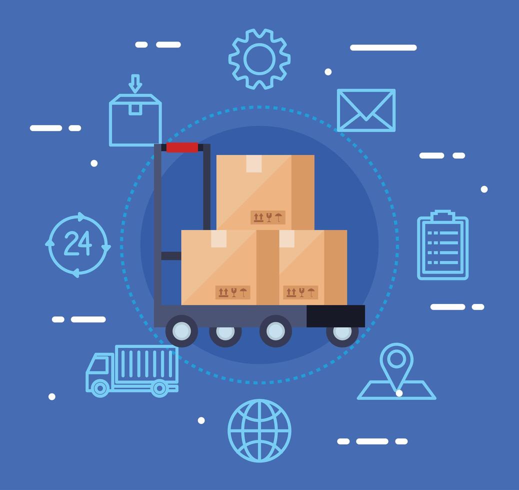Servicio logístico de entrega con cajas e iconos. vector