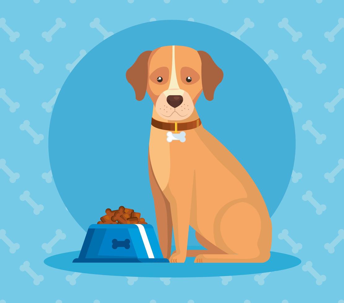 cute dog with dish food animal vector