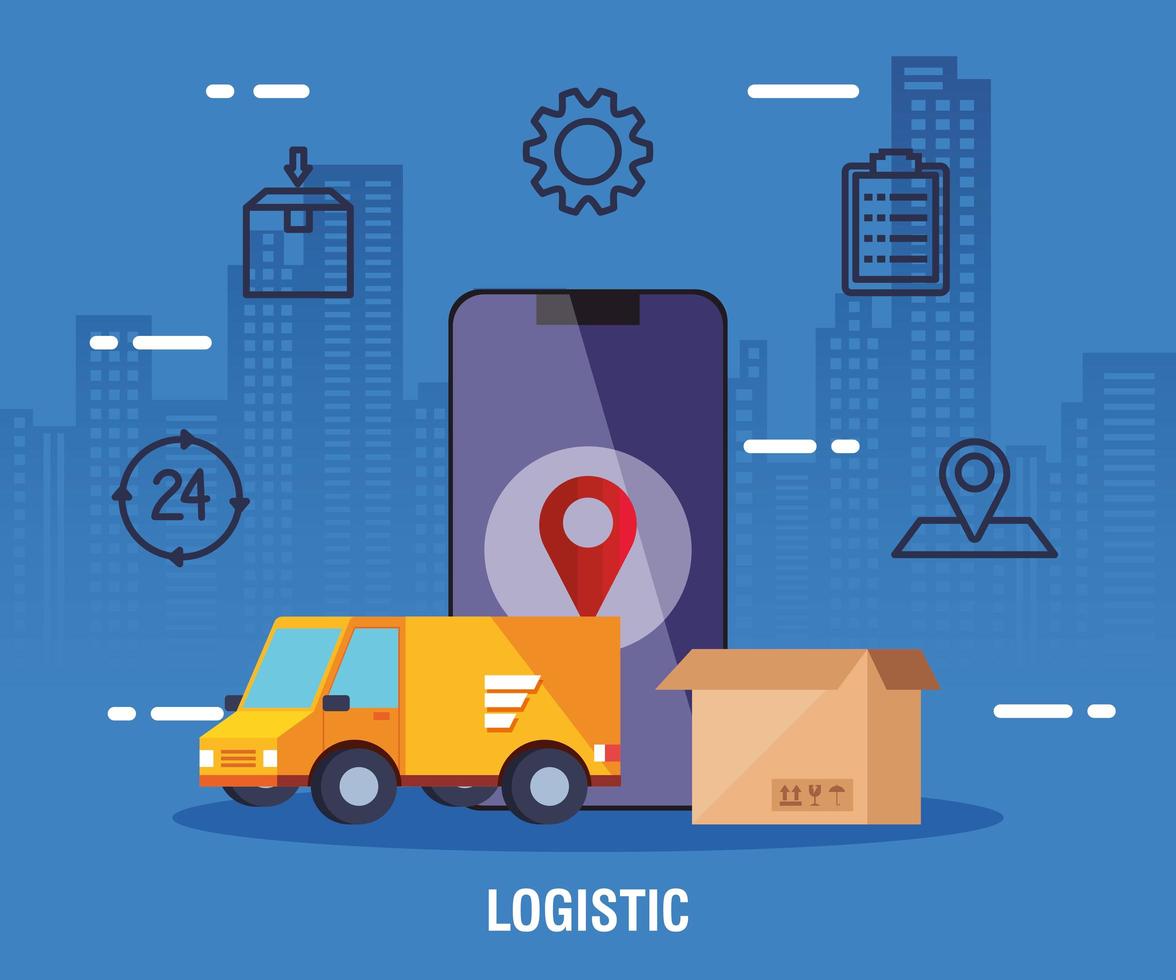 Servicio logístico de entrega con camión e iconos. vector