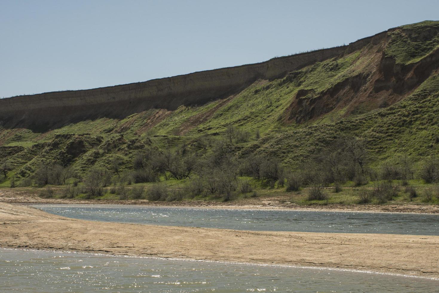 salt lake and green hills and cliff photo