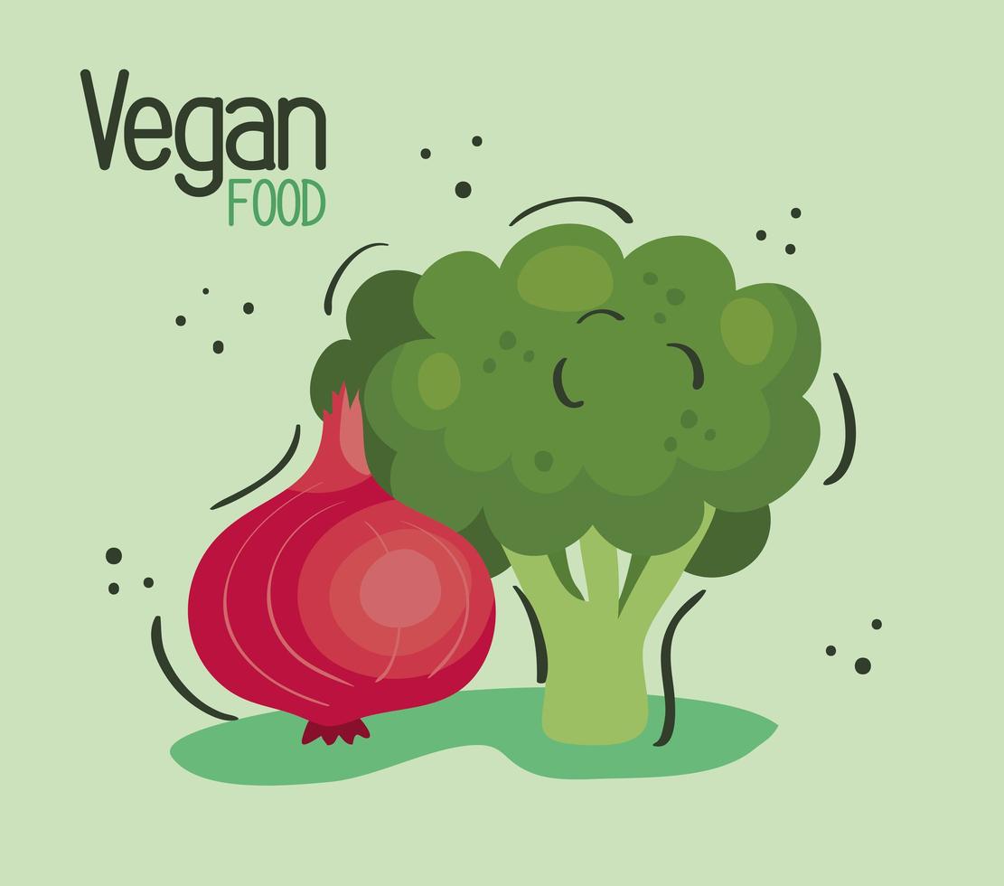 cartel de comida vegana con brócoli y cebolla. vector