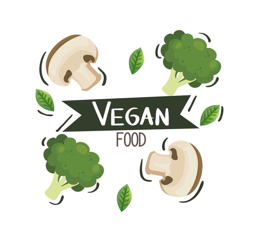 cartel de comida vegana con champiñones y brócoli. vector