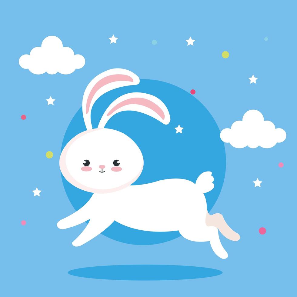 cute rabbit jumping with clouds decoration vector