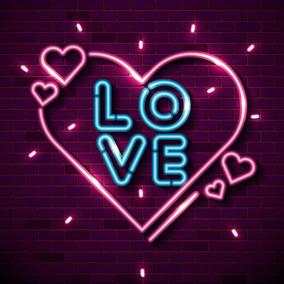 lettering of love with hearts of neon lights vector