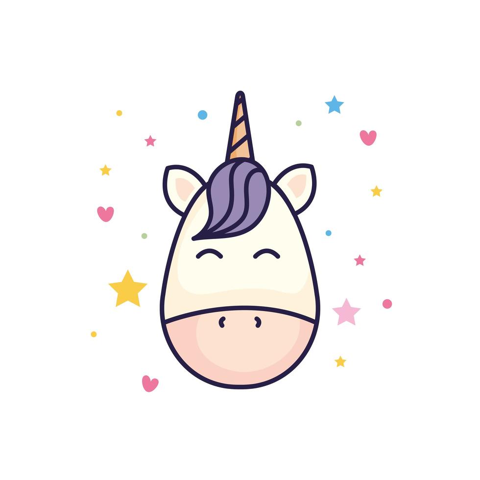 head of cute unicorn fantasy with hearts and stars decoration vector