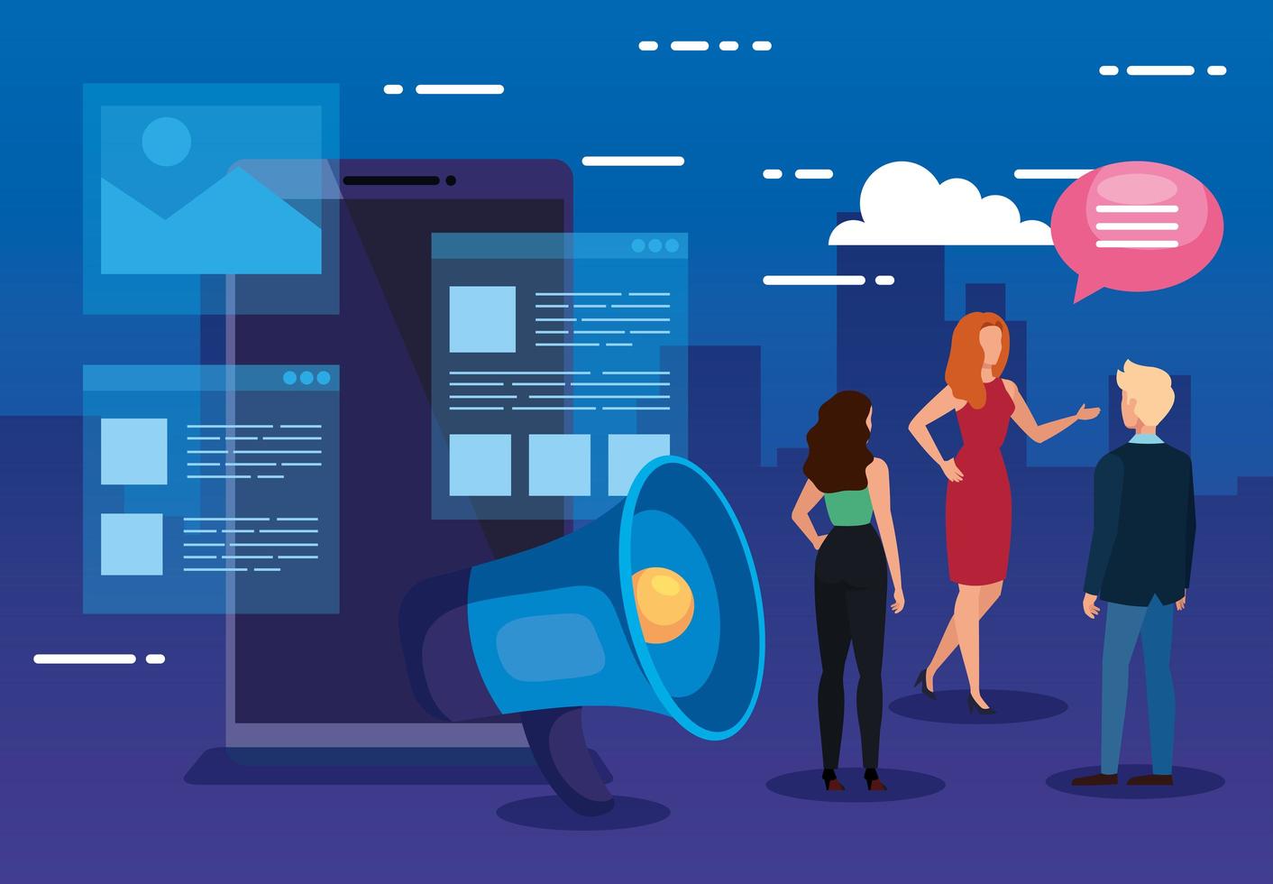 business people with laptop and megaphone vector