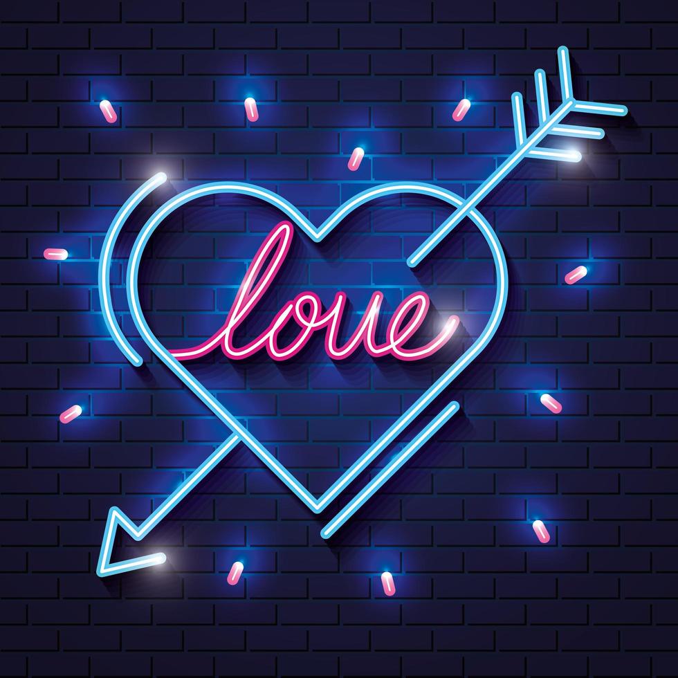 corazón con letras amor de luces de neón vector