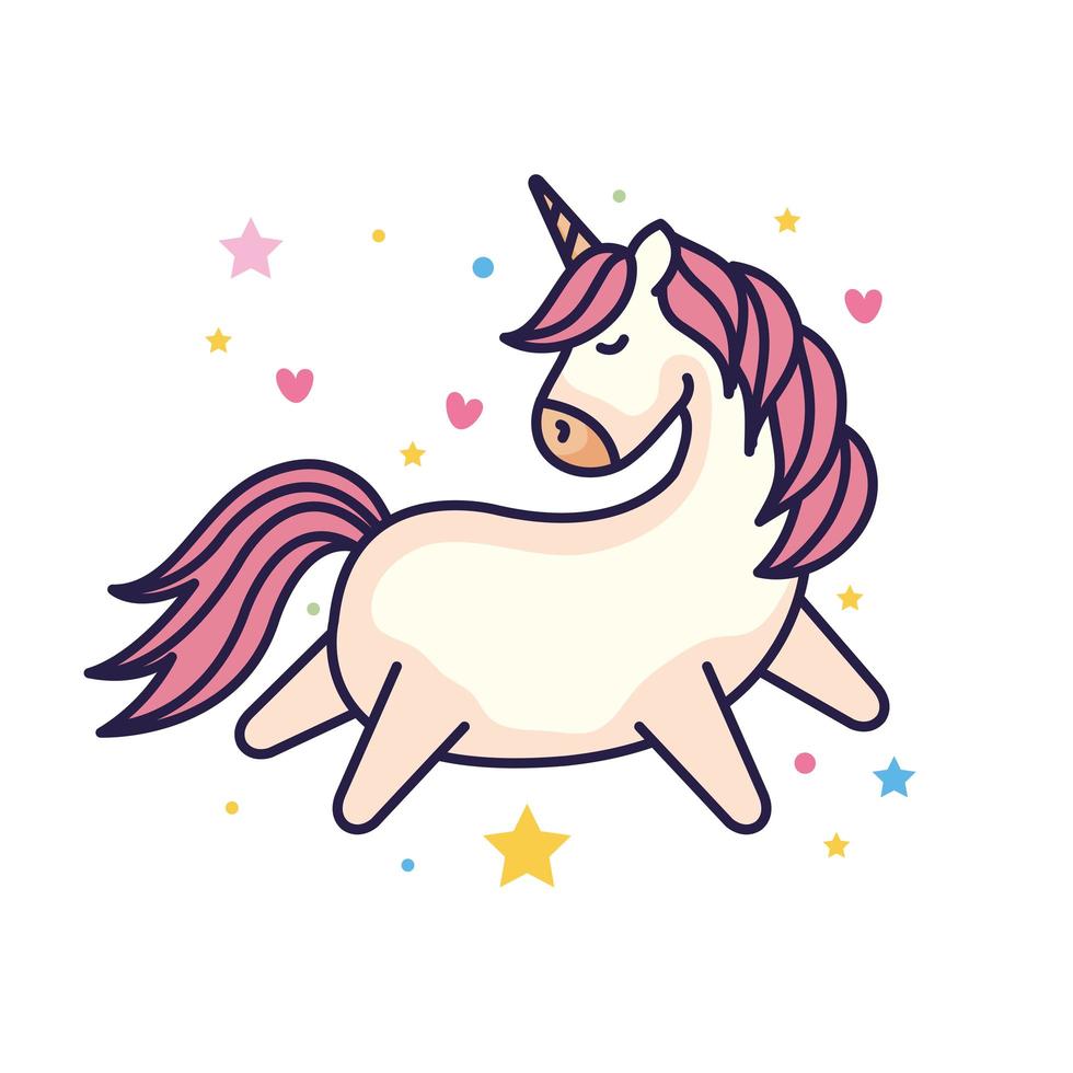 linda fantasía de unicornio con decoración de corazones y estrellas vector