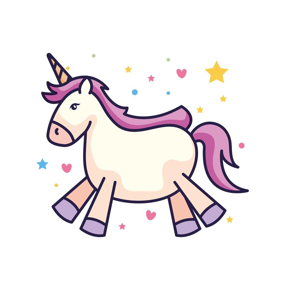 cute unicorn fantasy with hearts and stars decoration vector