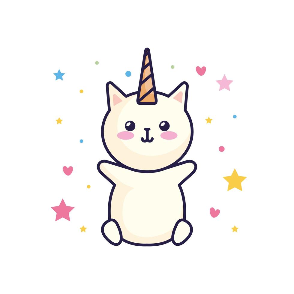 cute cat unicorn fantasy with hearts and stars decoration vector