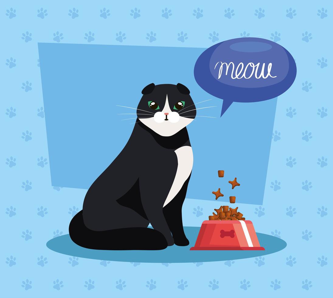 cute cat with dish food and speech bubble vector