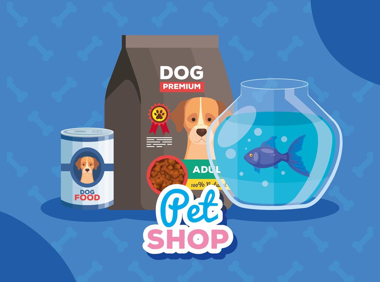 tienda de mascotas con comida para perros y pecera vector