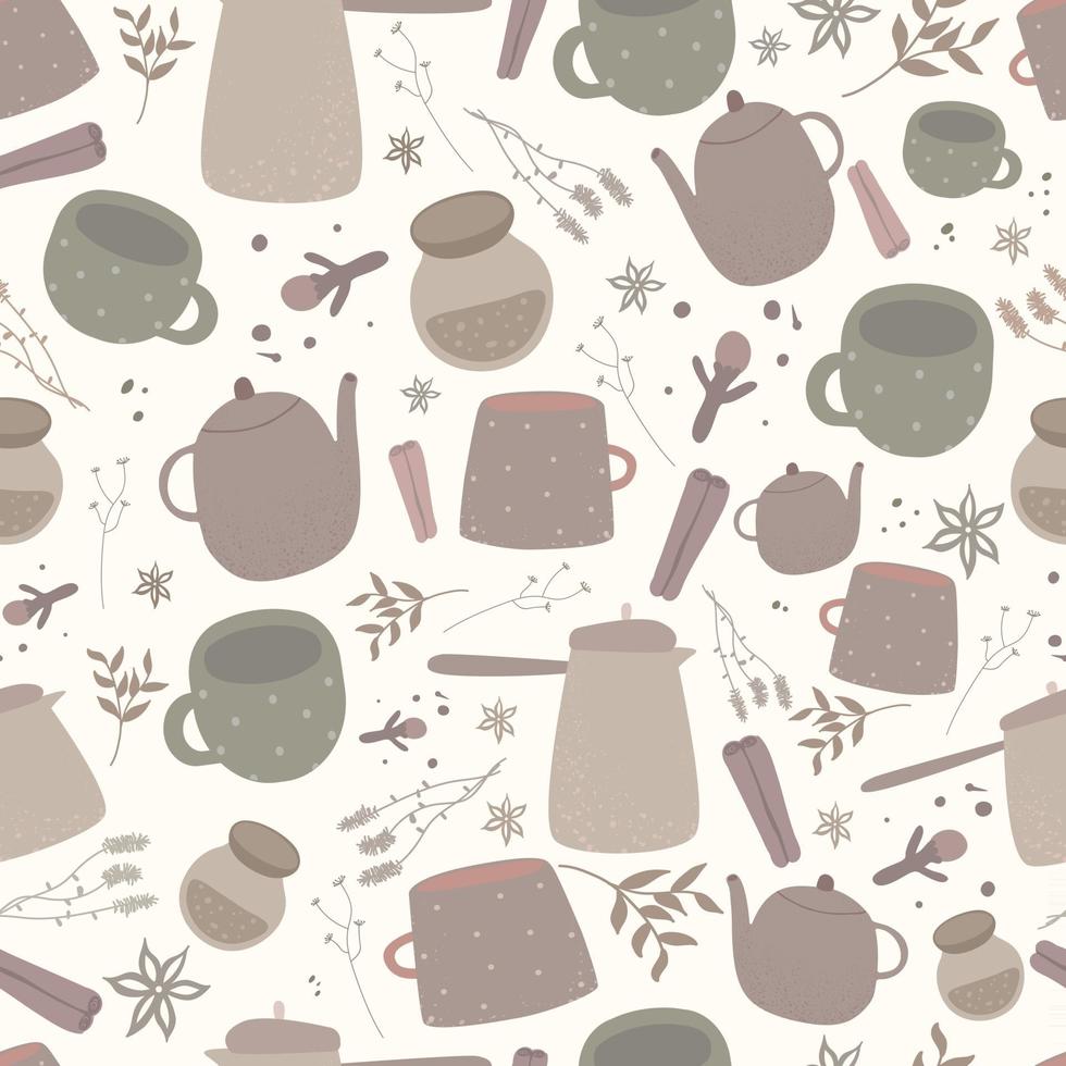 Coffee and tea seamless pattern of coffee cups teapot cup of tea coffee pot makers for cafeteria design Vector background of teapot cup of tea coffee pot cinnamon cloves coriander