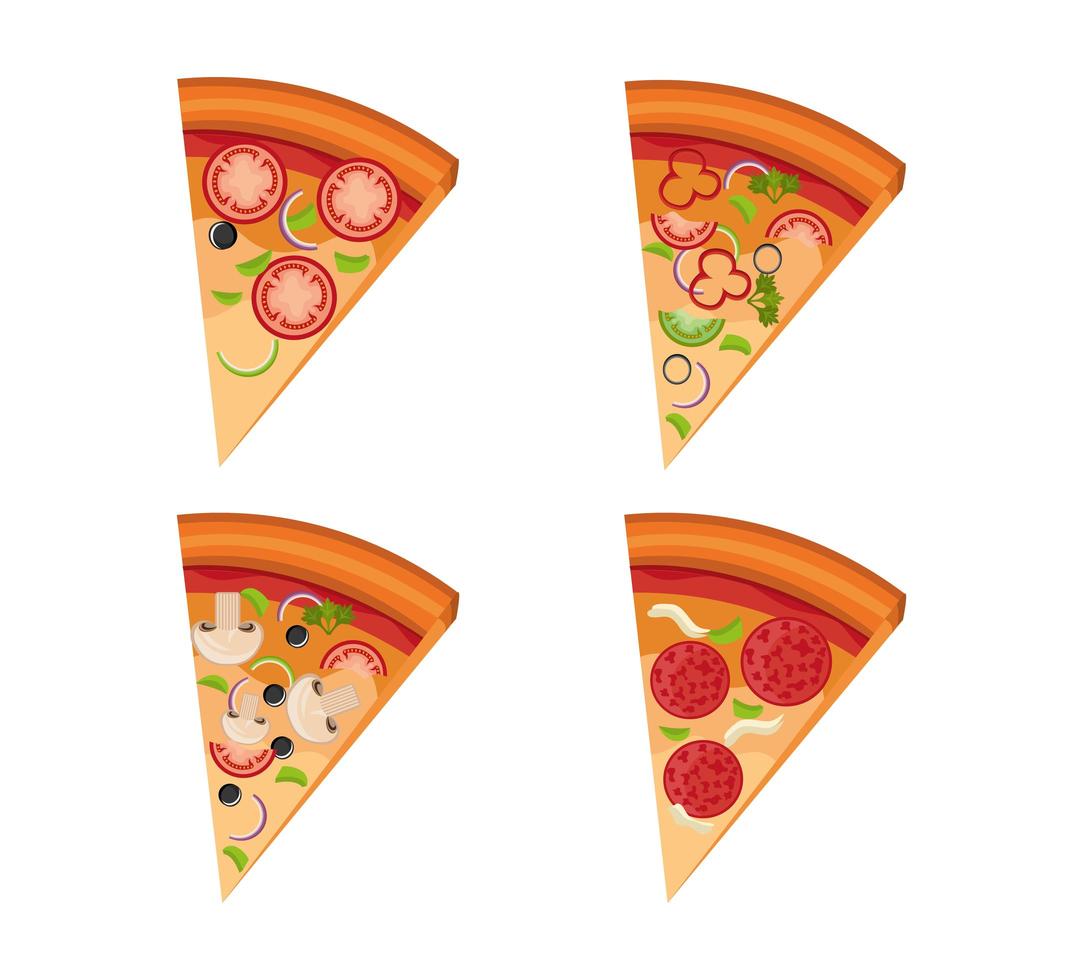 bundle of delicious pizza and portions vector