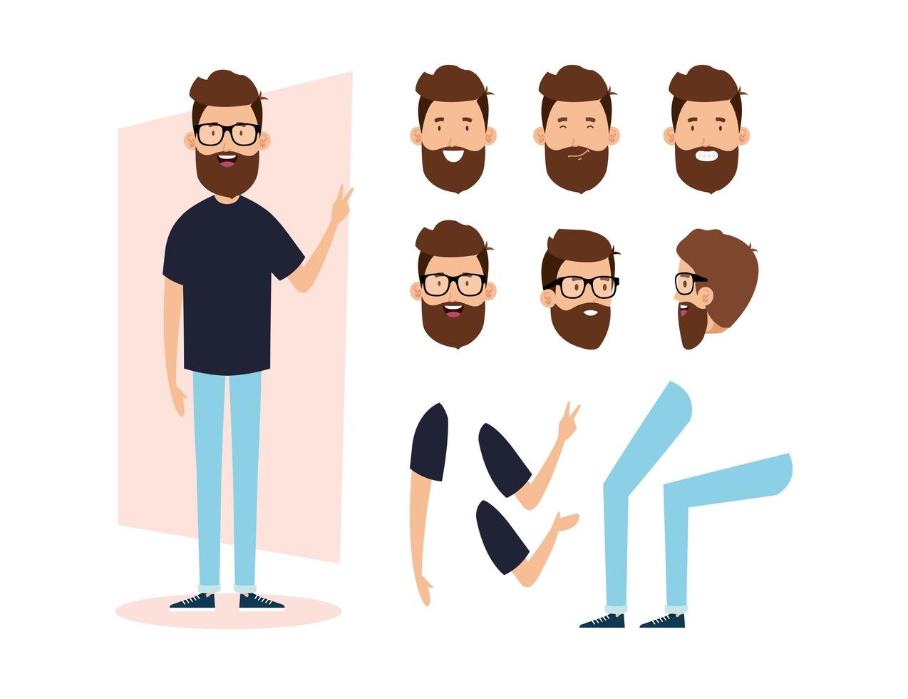 Hombre joven con barba y personajes de partes del cuerpo. vector