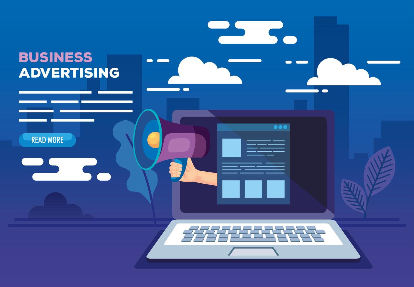 business advertising with laptop and megaphone vector