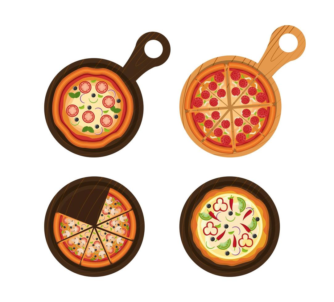 bundle of delicious pizza and portions vector