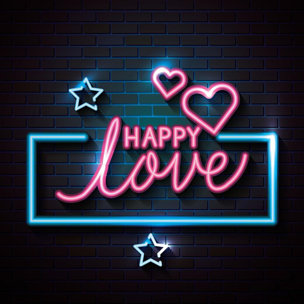 happy love with hearts and stars of neon lights vector