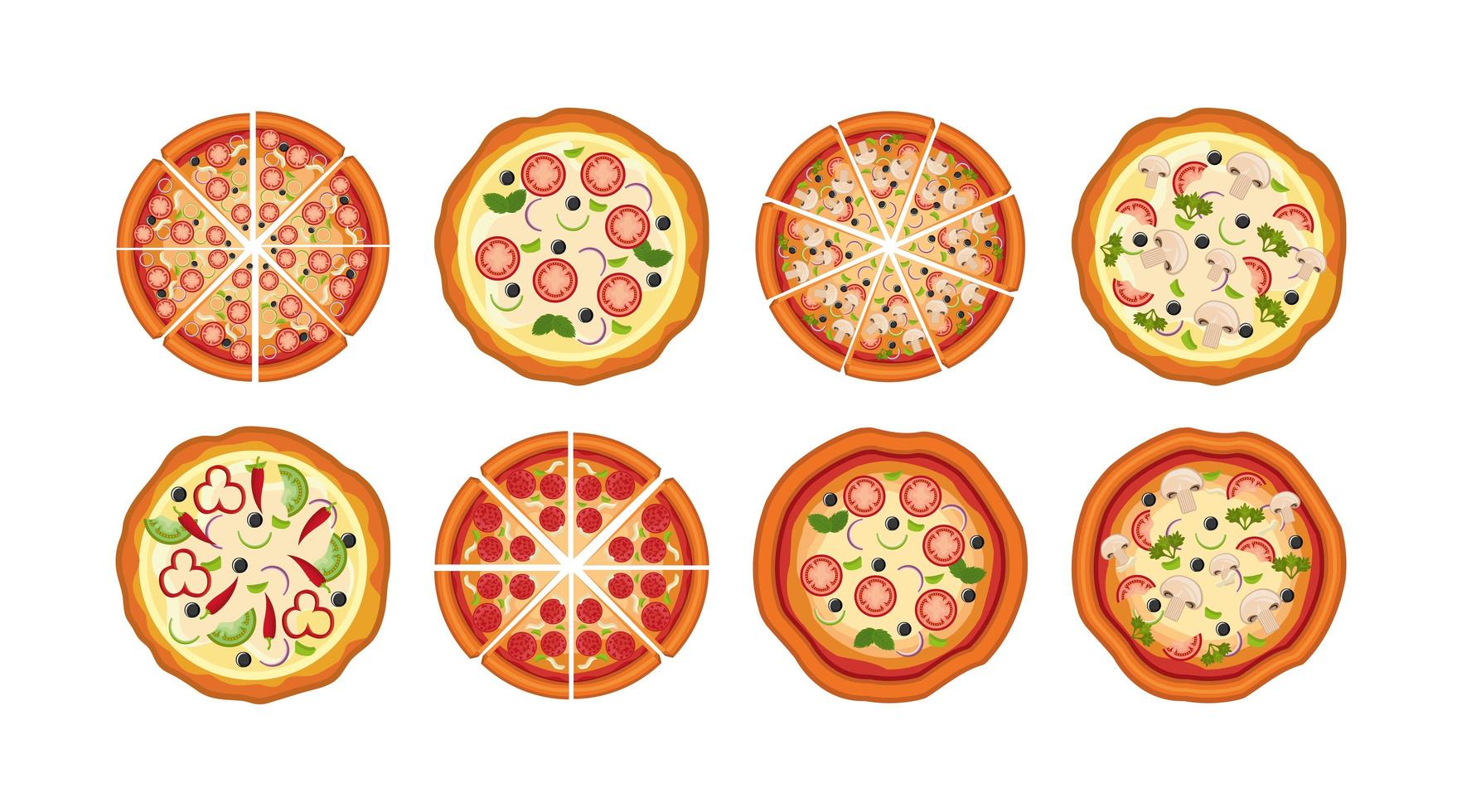 paquete de deliciosos iconos de pizza vector