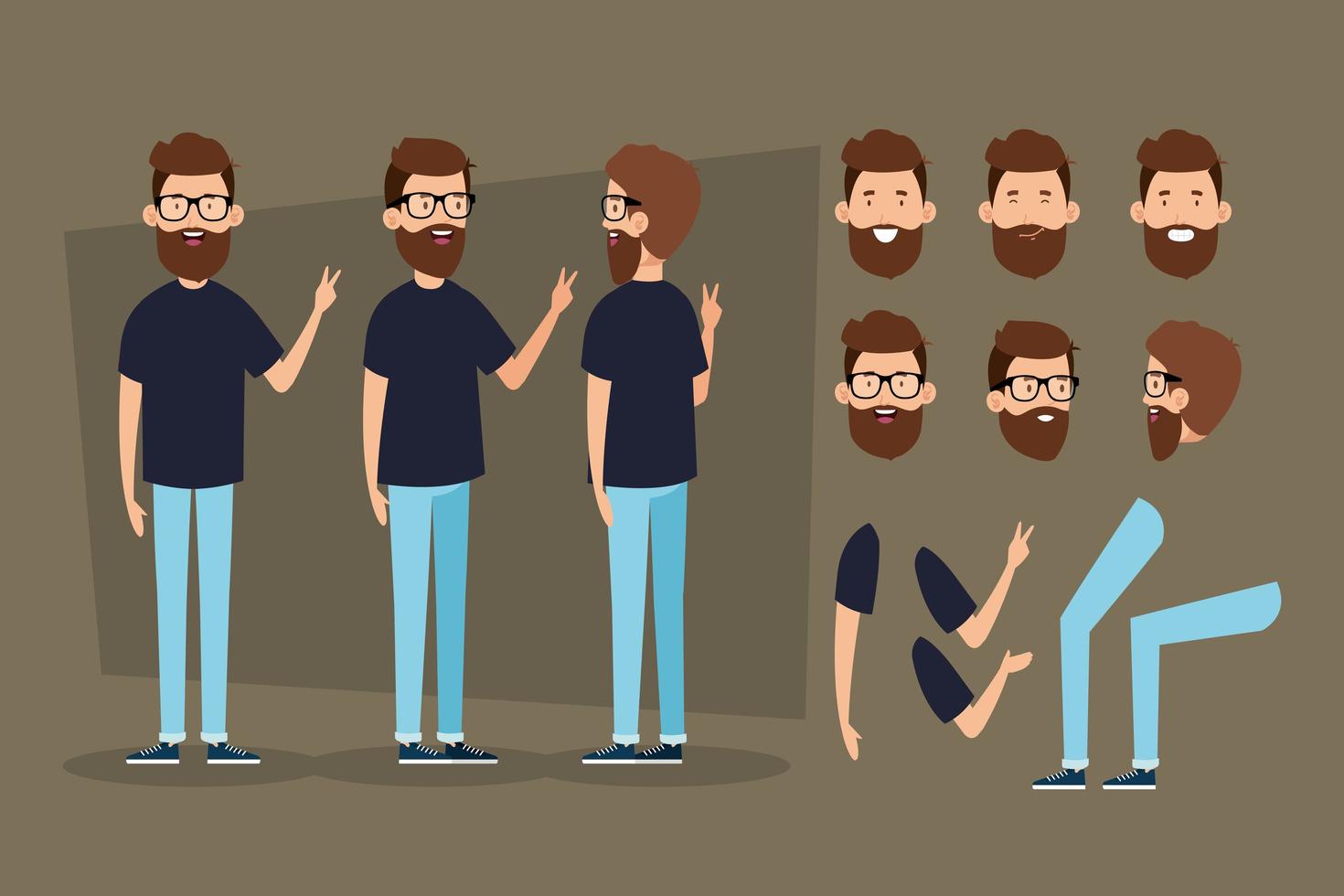 Hombre joven con barba y personajes de partes del cuerpo. vector