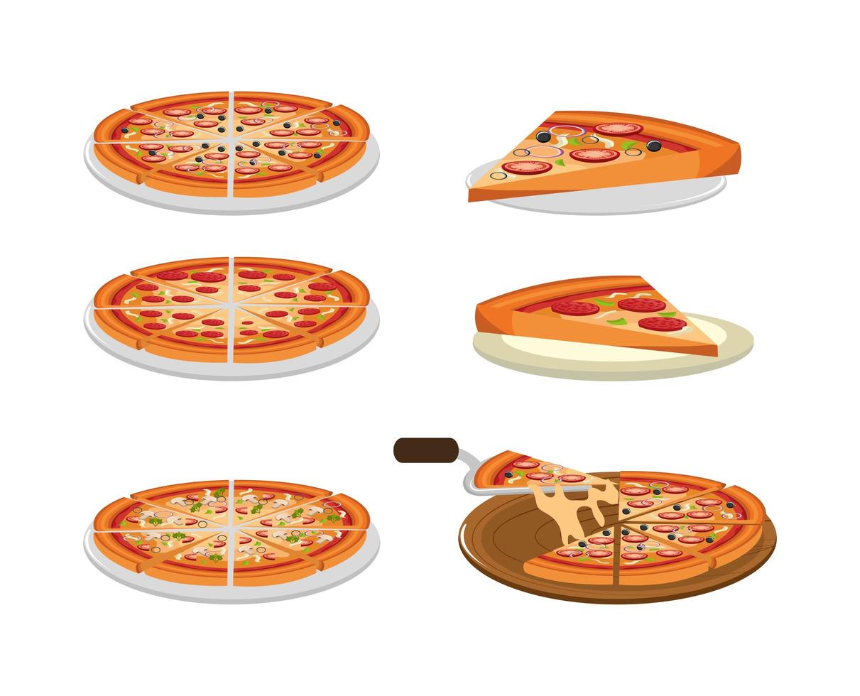 paquete de deliciosas pizzas y porciones vector