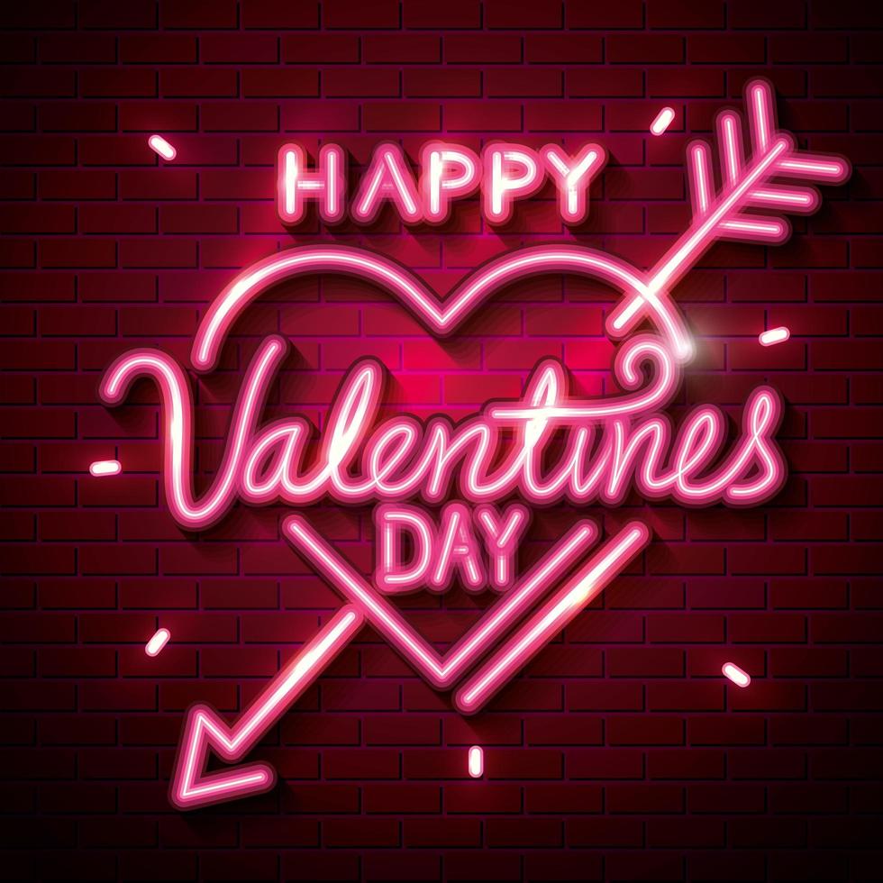 happy valentines day with heart of neon lights vector