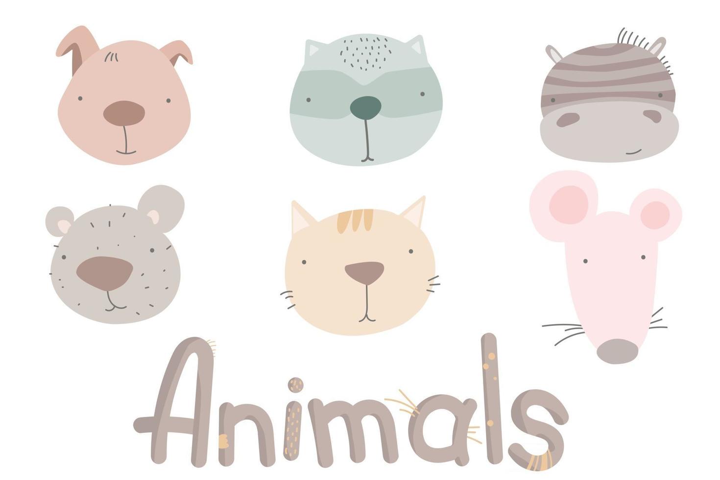 Cartoon cute animal heads set vector