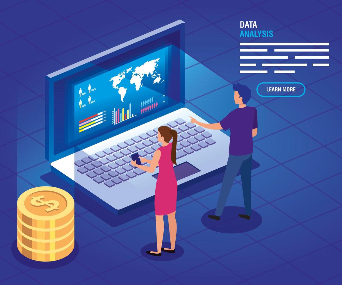 businesswoman with laptop and data analysis vector