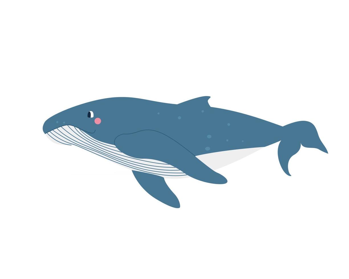 Cute whale on white background in cartoon flat style Vector illustration