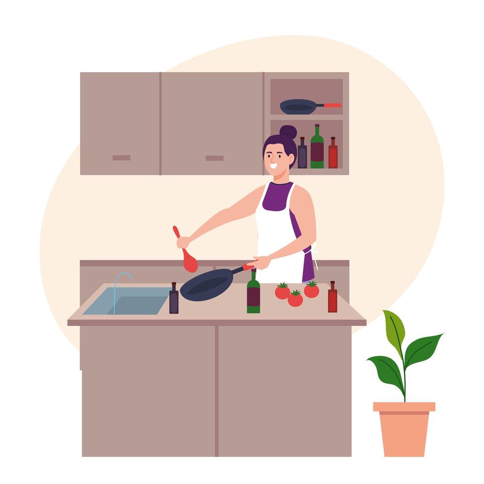 woman using apron cooking with utensils and vegetables vector