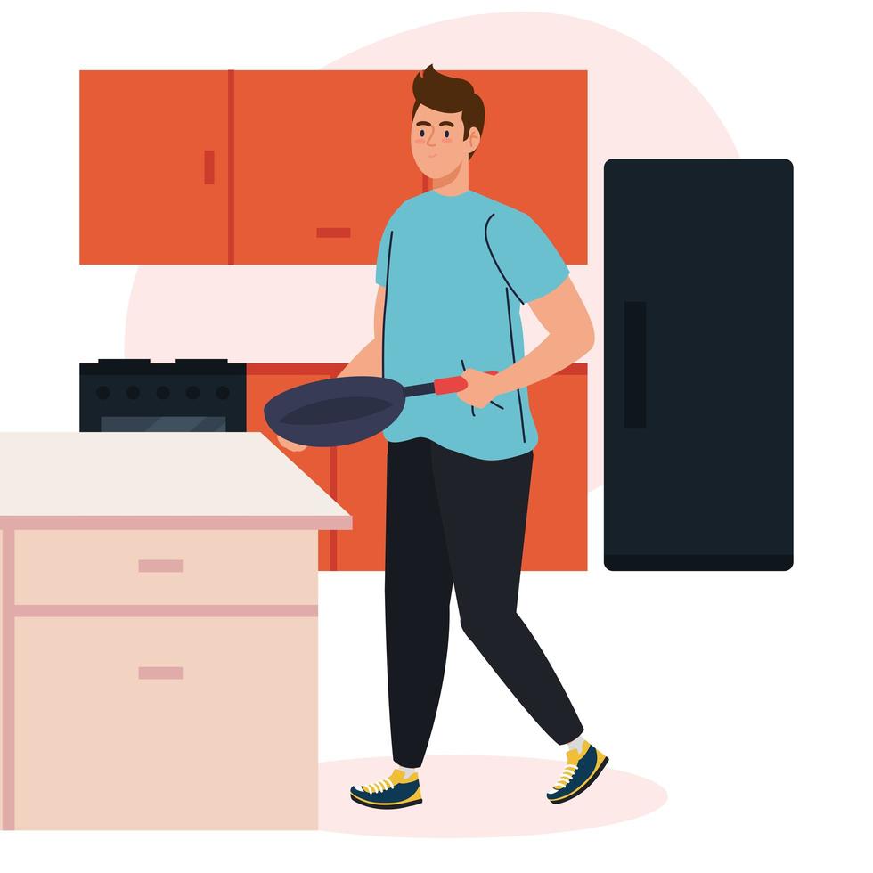 man cooking with frying pan on kitchen scene vector