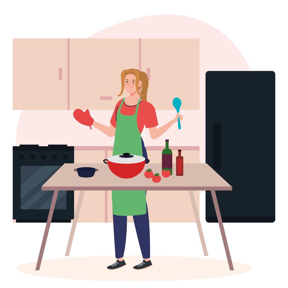 Mujer cocinando con delantal con utensilios de cocina y verduras en la escena de la cocina vector