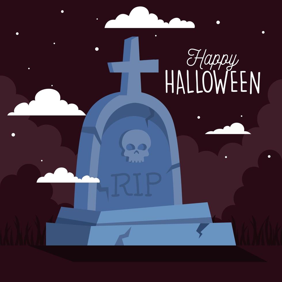 happy halloween banner with tombstone in dark night vector