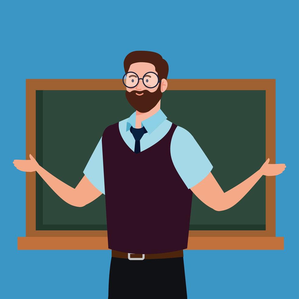 man teacher with chalkboard on blue background vector