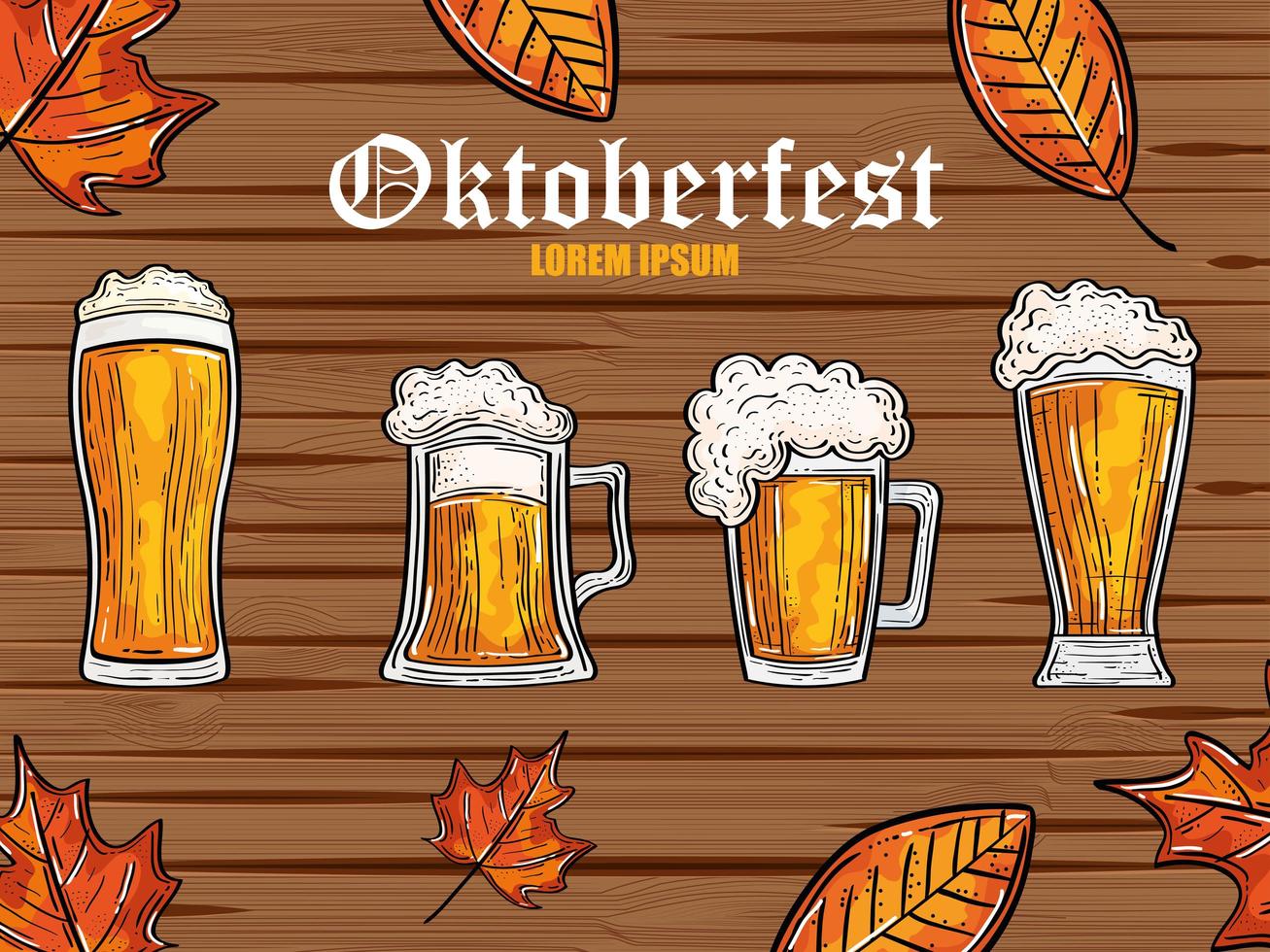 oktoberfest festival celebration with beers and autumn leaves in wooden background vector