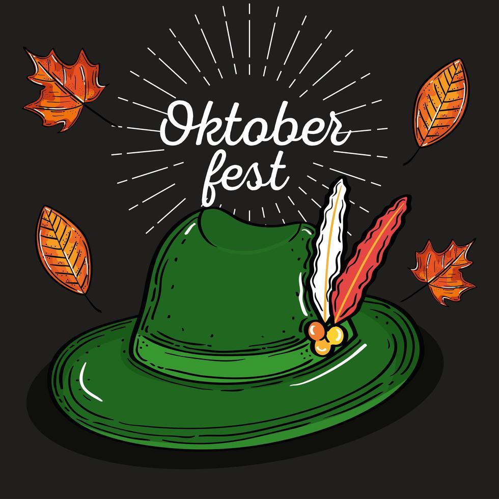 oktoberfest beer festival celebration with tyrolean hat and autumn leaves vector