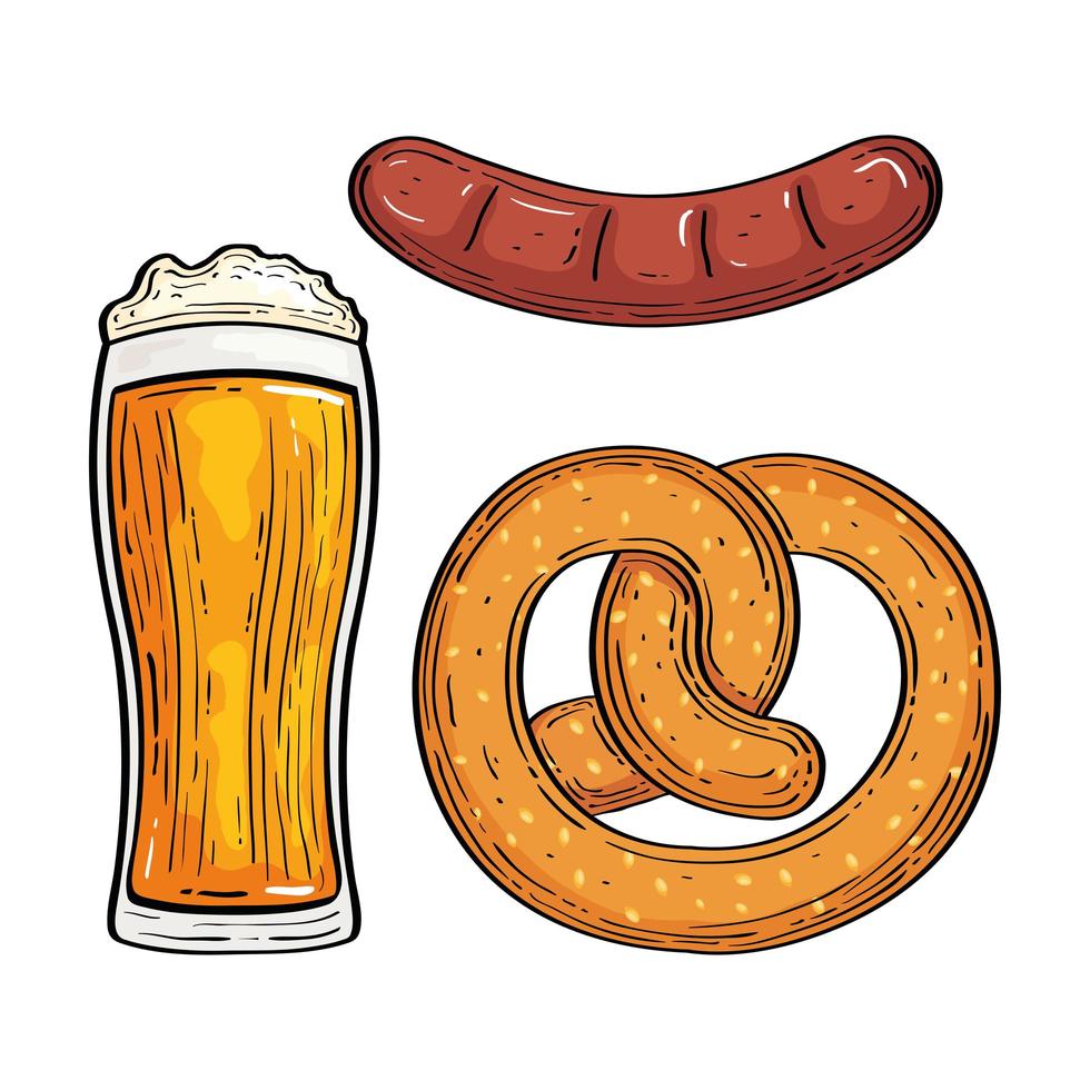 Vaso de cerveza con pretzel y salchicha. vector