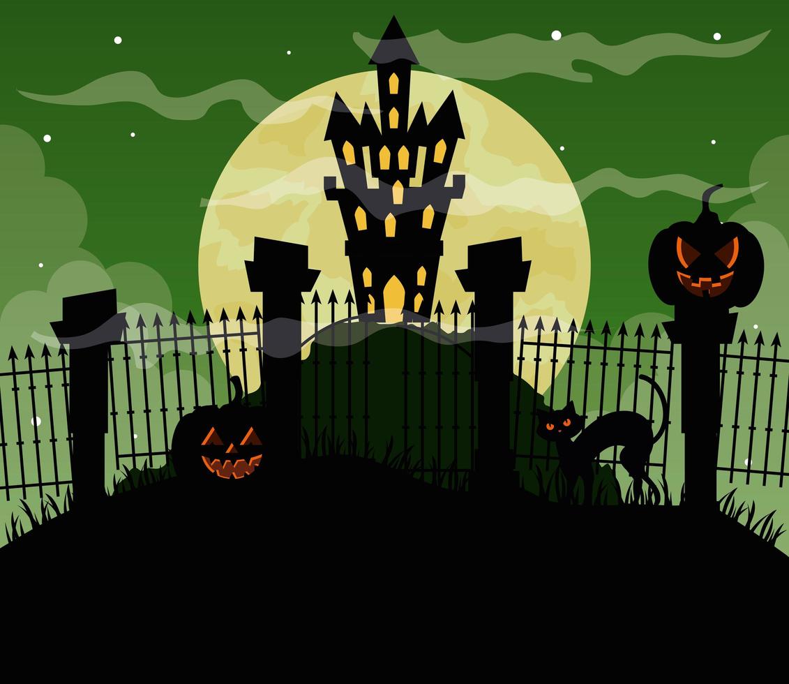 feliz halloween fondo con castillo embrujado y calabazas vector