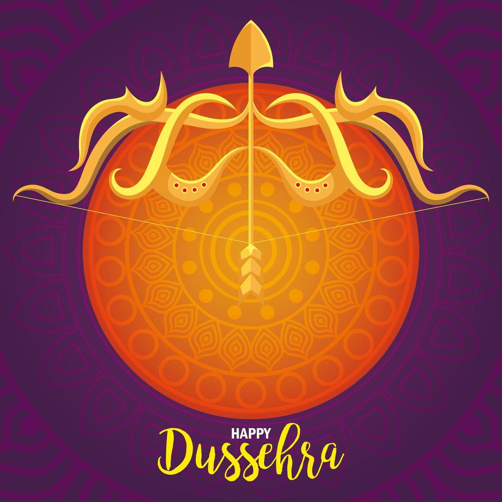 feliz festival dussehra con flecha dorada en fondo morado y naranja vector