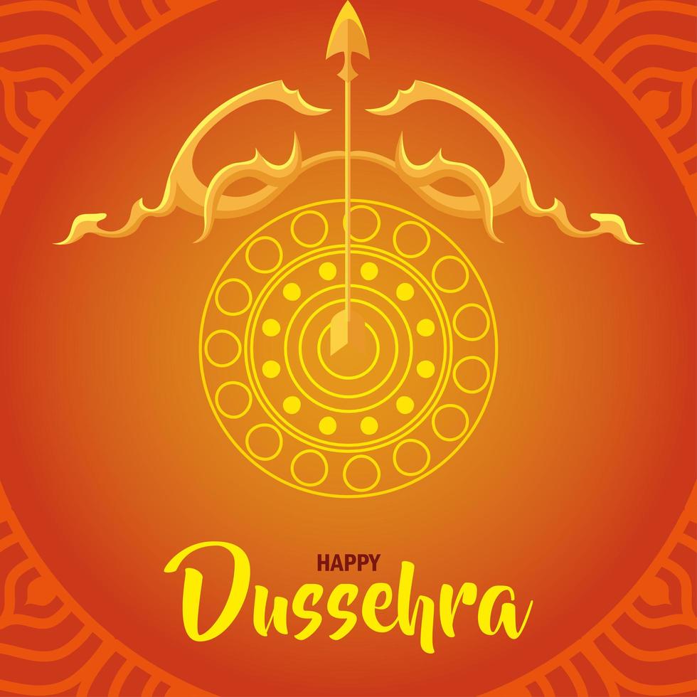 feliz festival de dussehra con arco dorado y flecha sobre fondo naranja vector