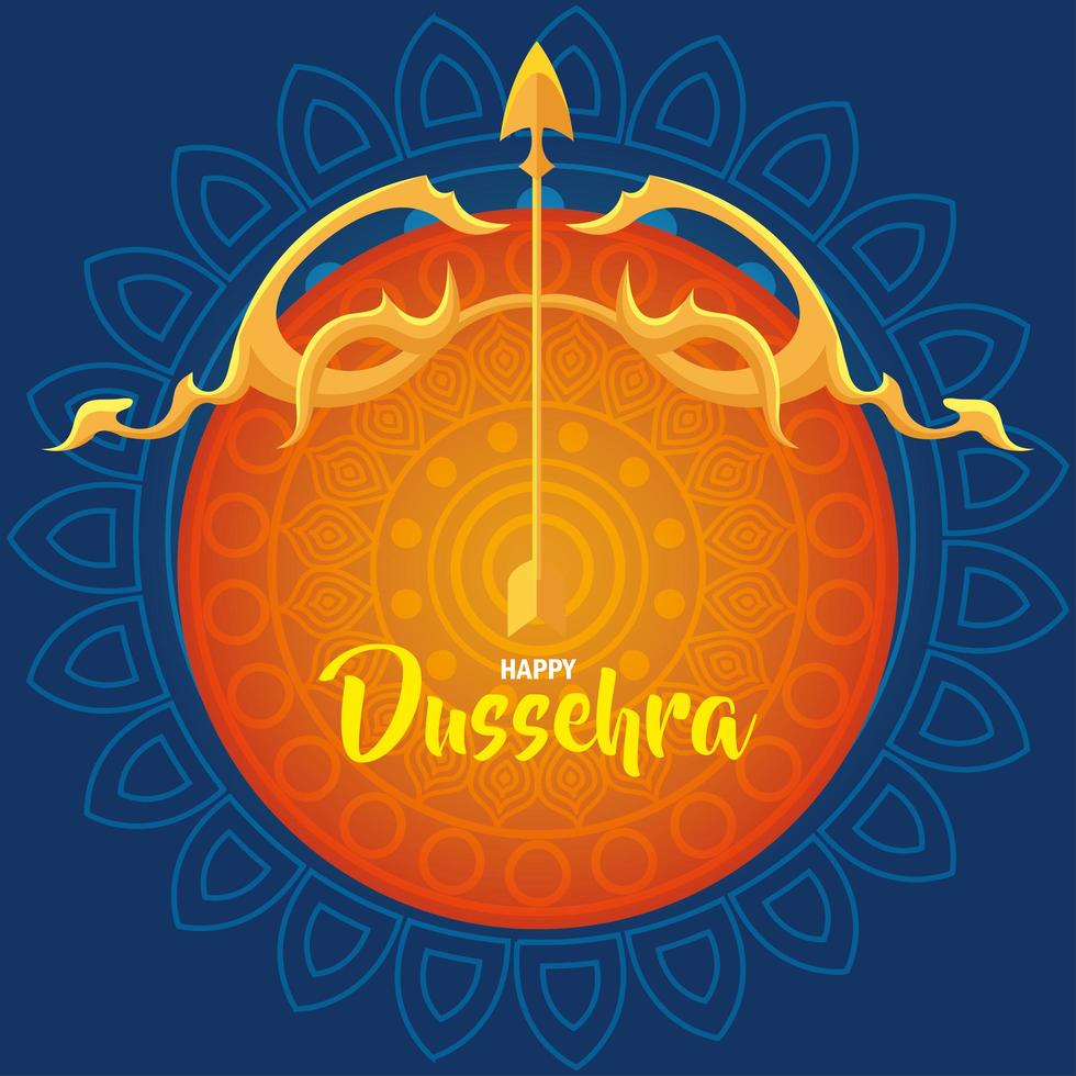 feliz festival dussehra con arco dorado y flecha en fondo naranja y azul vector