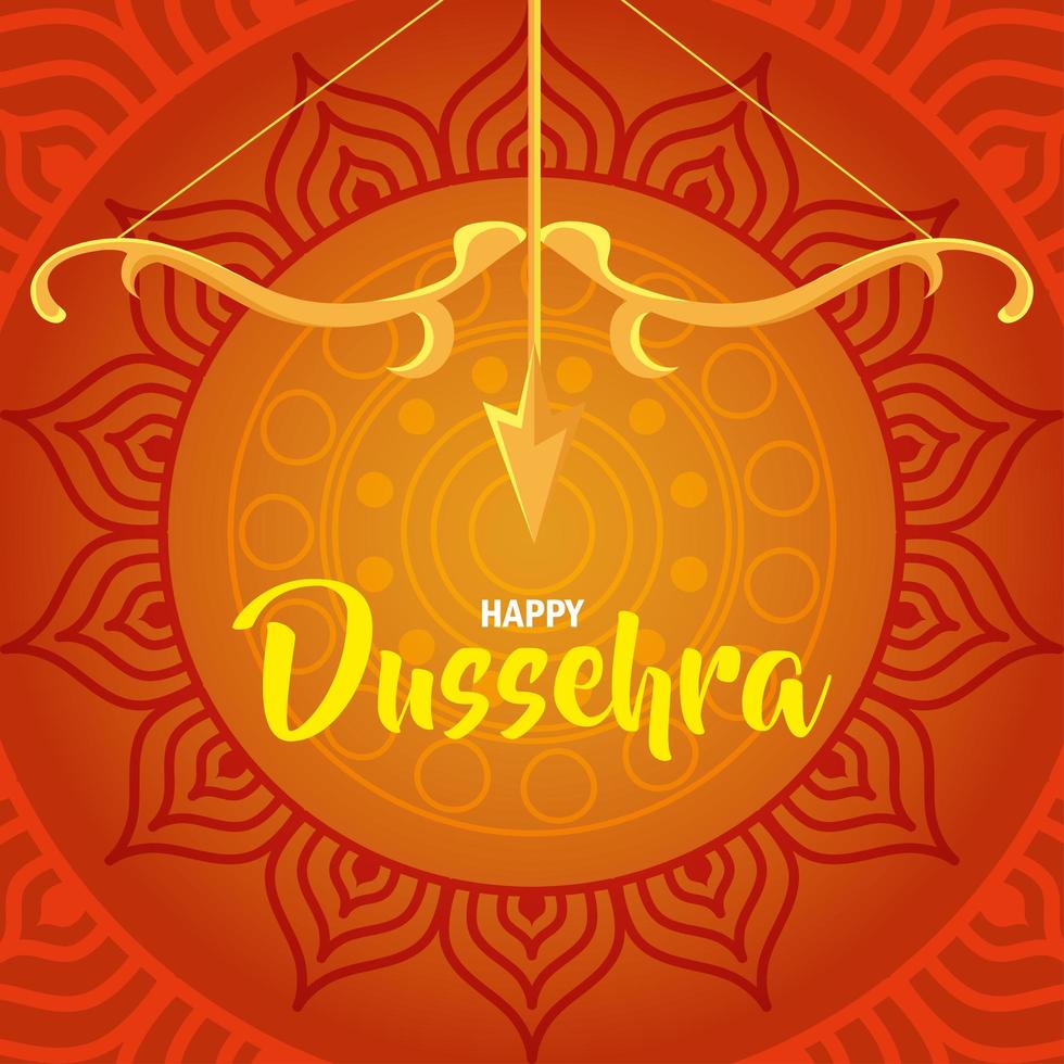 feliz festival dussehra con arco dorado y flecha en fondo naranja vector