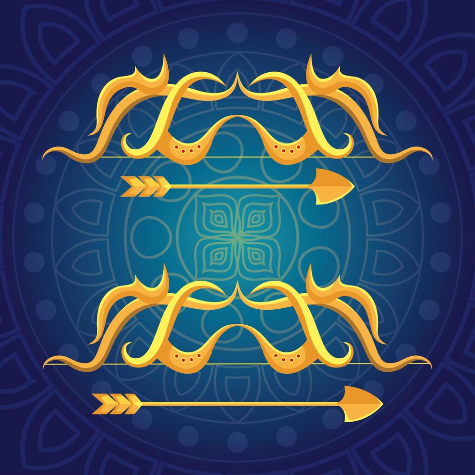 feliz festival dussehra con flechas doradas en fondo azul vector