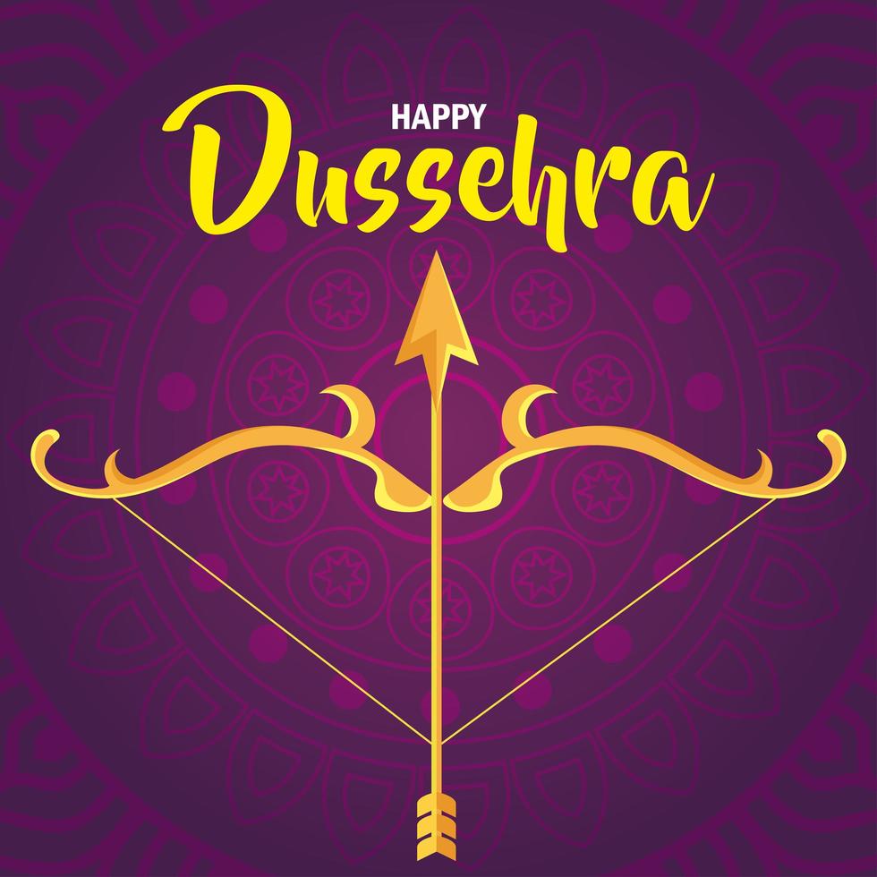 happy dussehra festival and golden arrow and arch on purple background vector