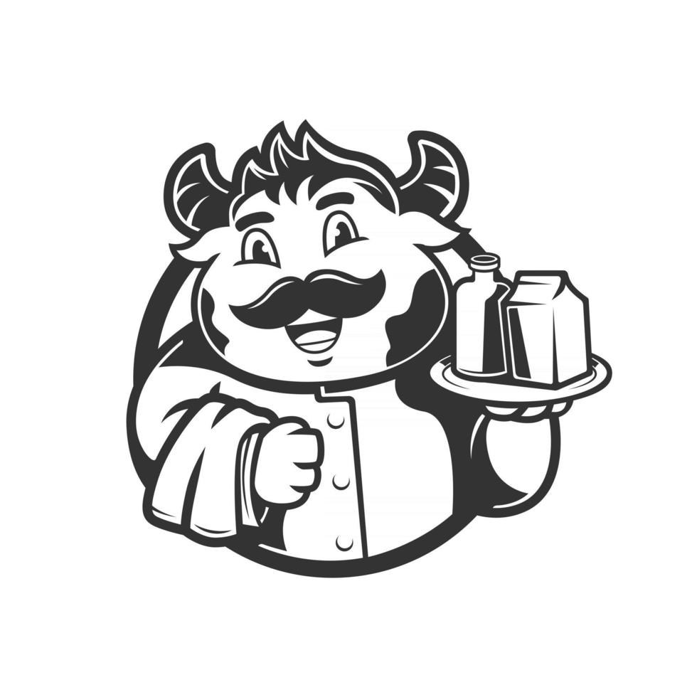 mascot character cows waiter with milk vector illustration